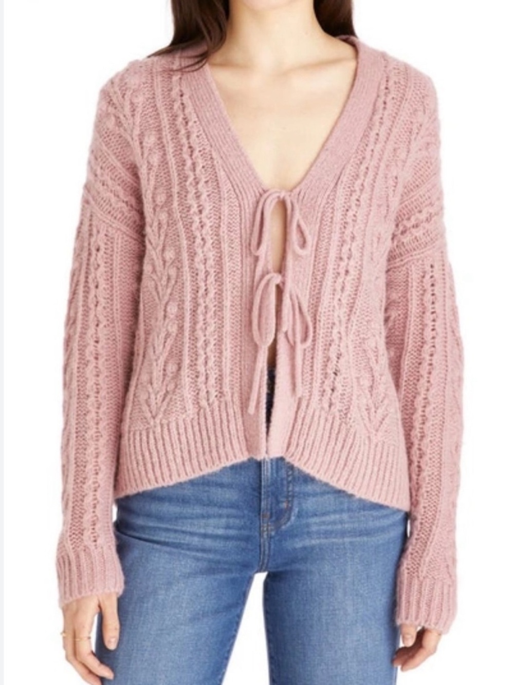 Madewell Dusty Rose Cable-Knit Tie-Front Cardigan